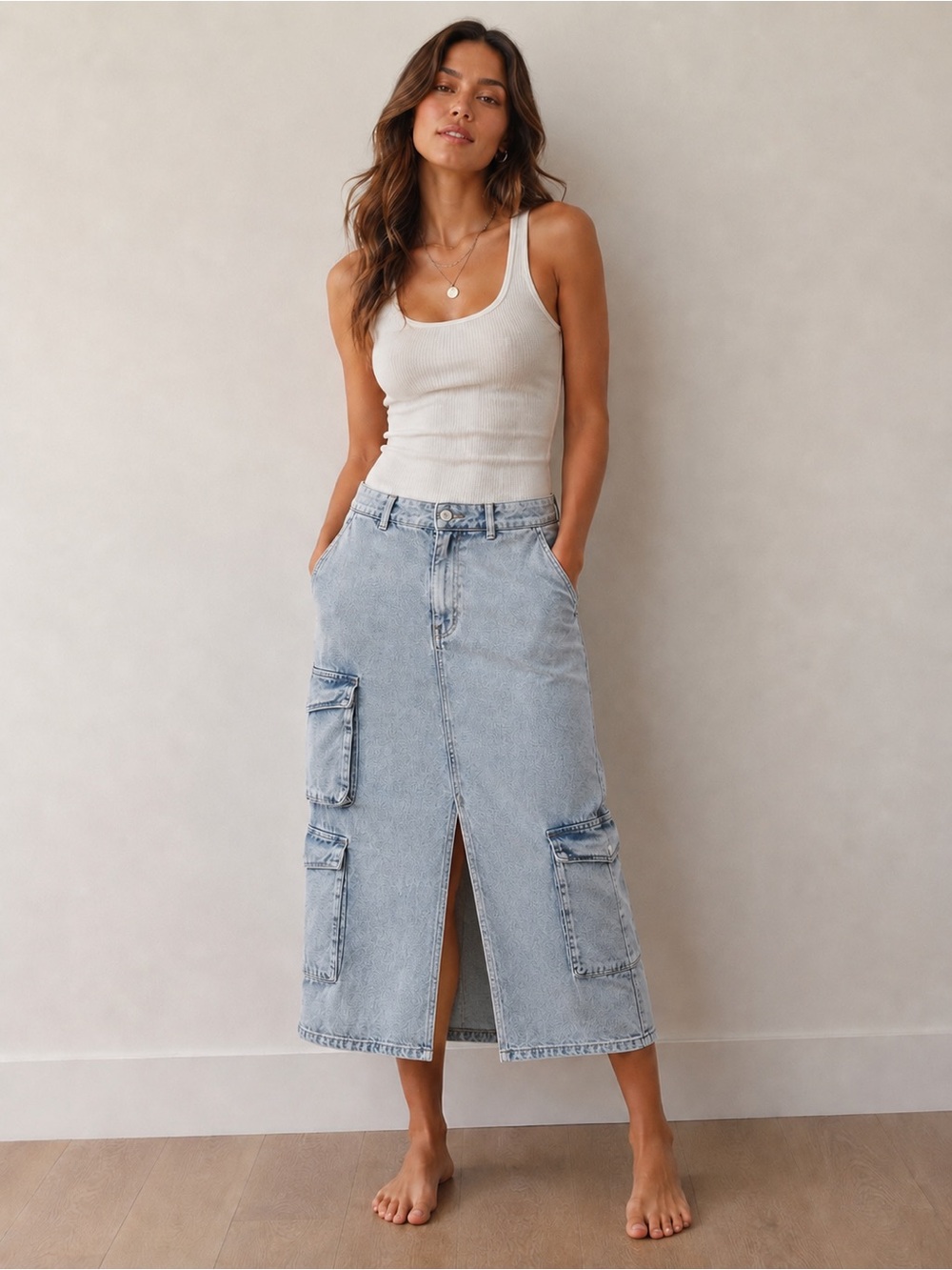 Aeropostale Light Wash Denim Cargo Maxi Skirt with Front Slit